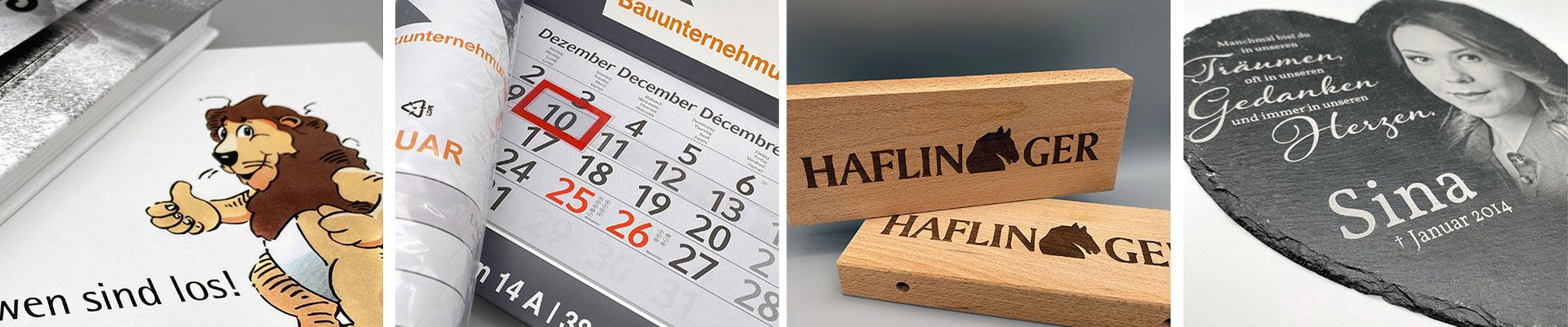 Verschiedene Druck- und Gravurartikel wie Kalender, Blöcke und Schieferplatten von der PaddiX GmbH.